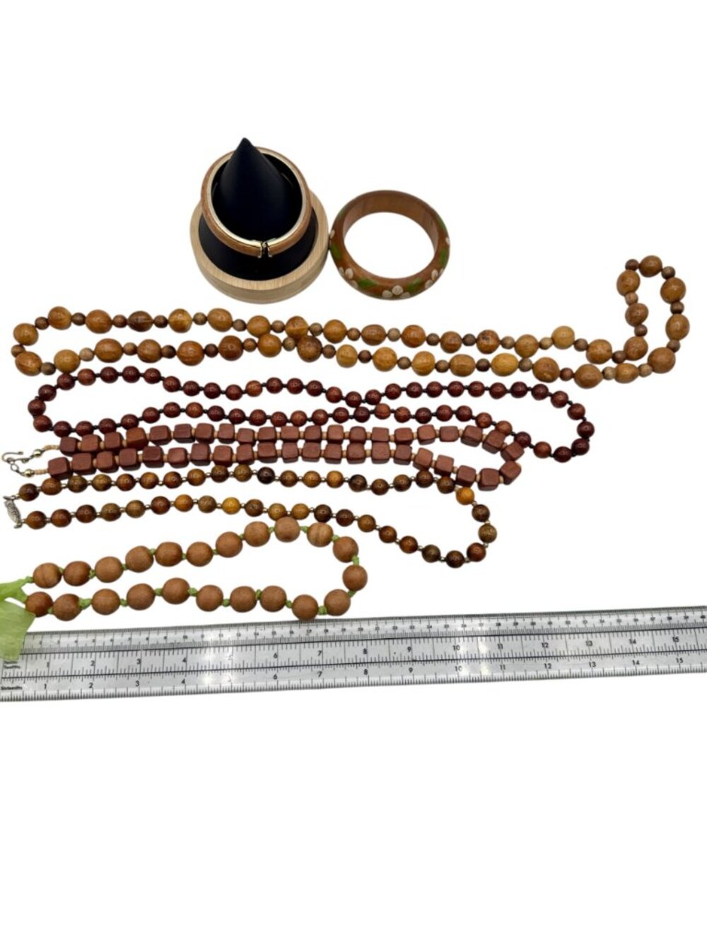 Vintage 1970s Wood Bead Necklace Bracelet Lot 7pcs BOHO Retro Natural - Picture 4 of 16